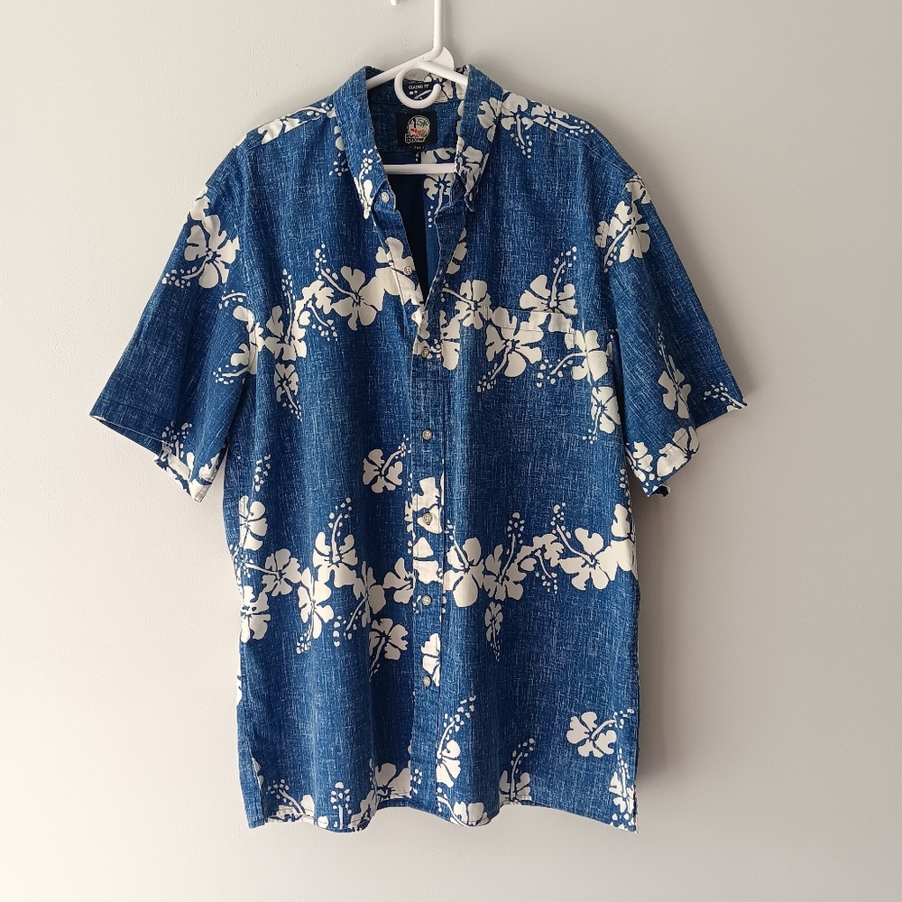Reyn Spooner Classic Hawaiian Button Up Short Sleeve Shirt Floral White Blue 2XL